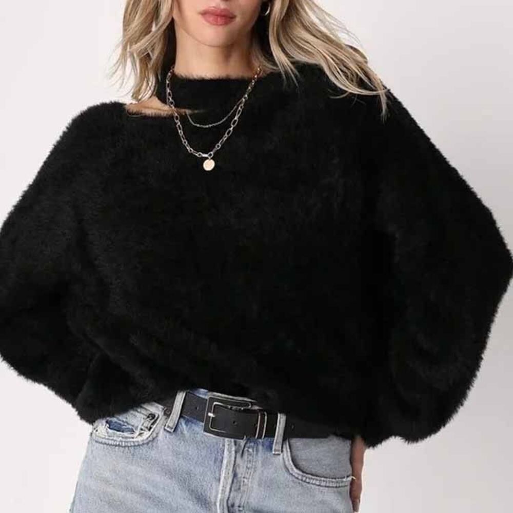 Lulus Sweater Womens Sz L Black Fuzzy Eyelash Asymmetrical Strap Neck Oversized - Picture 1 of 12